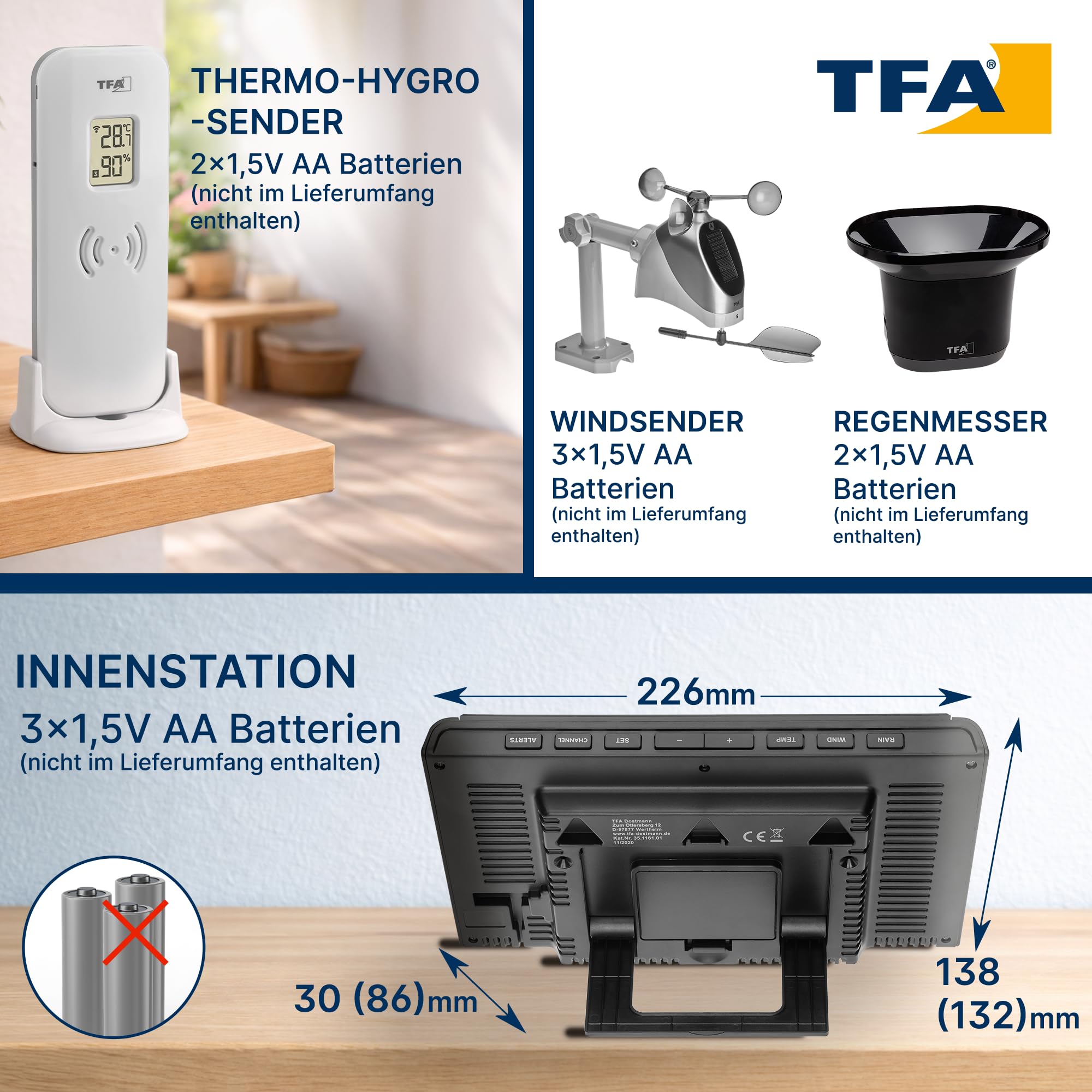 TFA Dostmann Funk-Wetterstation WEATHER PRO 35.1161.01, Windmesser mit Windrichtung und -stärke, Regenmesser mit Verlaufsgrafik, Wettervorhersage mit Symbolen, Luftdruckanzeige, Funkuhr, schwarz
