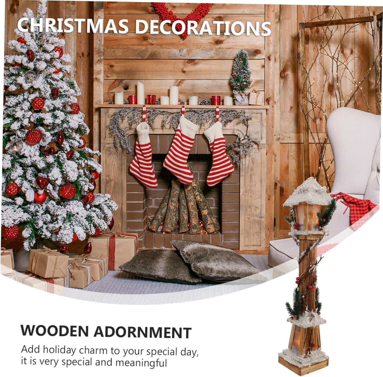 Wakauto 1pc Chic Wooden Streetlamp Model for Christmas Home Decor Festive Party Ornament Sturdy Construction Battery Operated for Scene Layout and Decoration