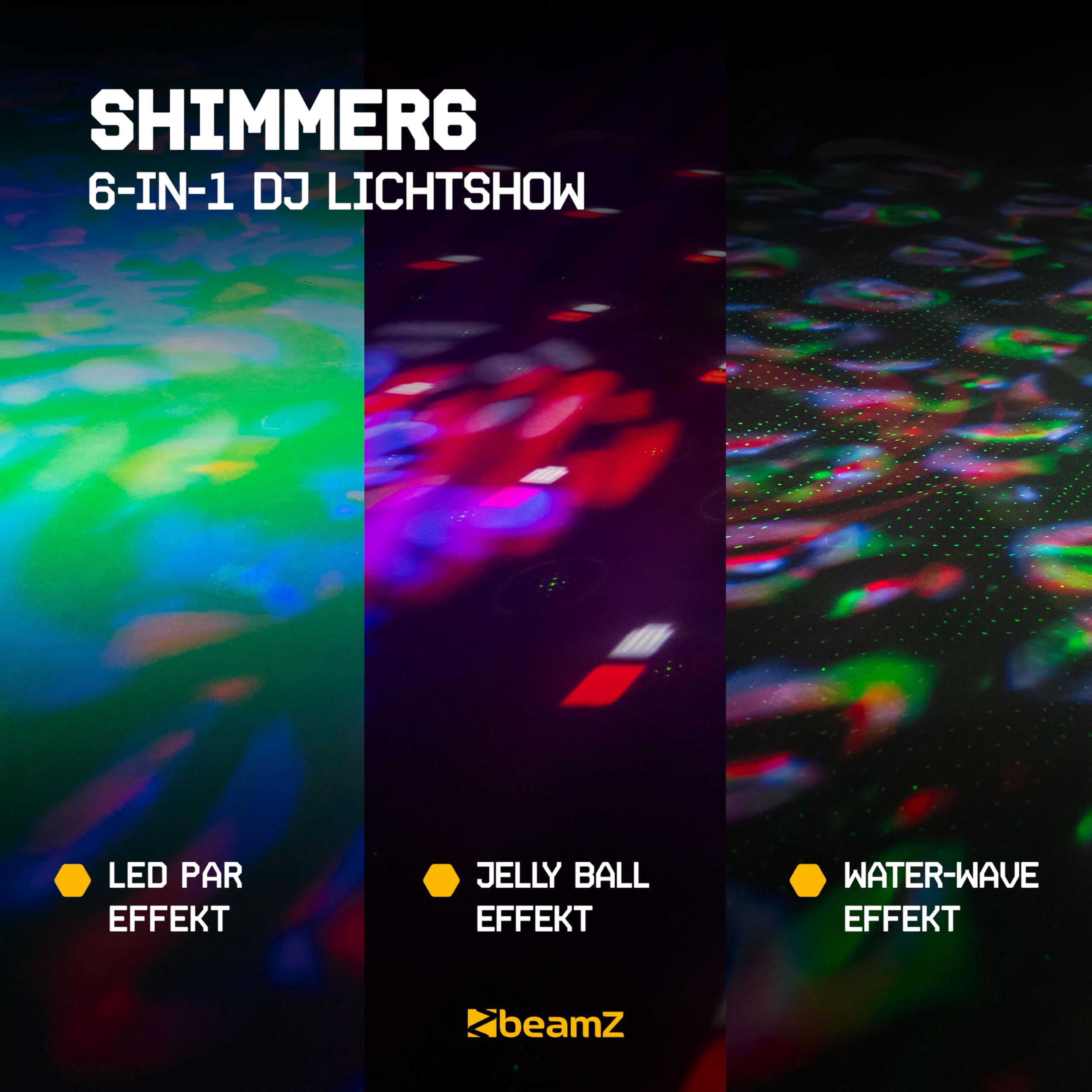 BeamZ Shimmer6 Discolicht Partylicht – 6-in-1 LED Effekt mit Jelly Ball, Welleneffekt, Stroboskop & UV – Musikgesteuert mit DMX & Fernbedienung, Bühnenbeleuchtung für Disco & Partys