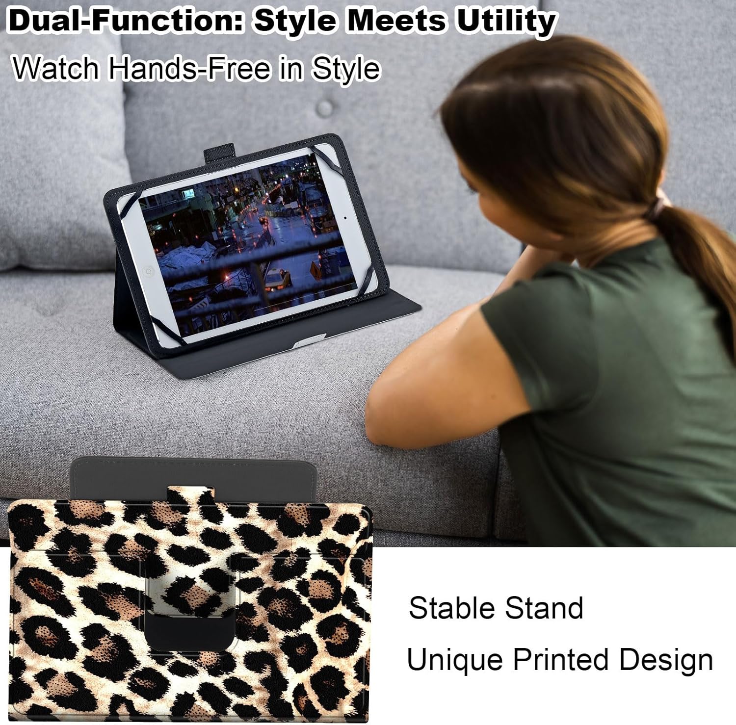 Universal 10 Inch Tablet Case, 10.1 Inch Tablet Case with 360 Rotating Stand, PU Leather Folio Cover, Compatible with Fire HD 10 2023, Galaxy Tab, iPad 9th/ 8th, Leopard Print 02