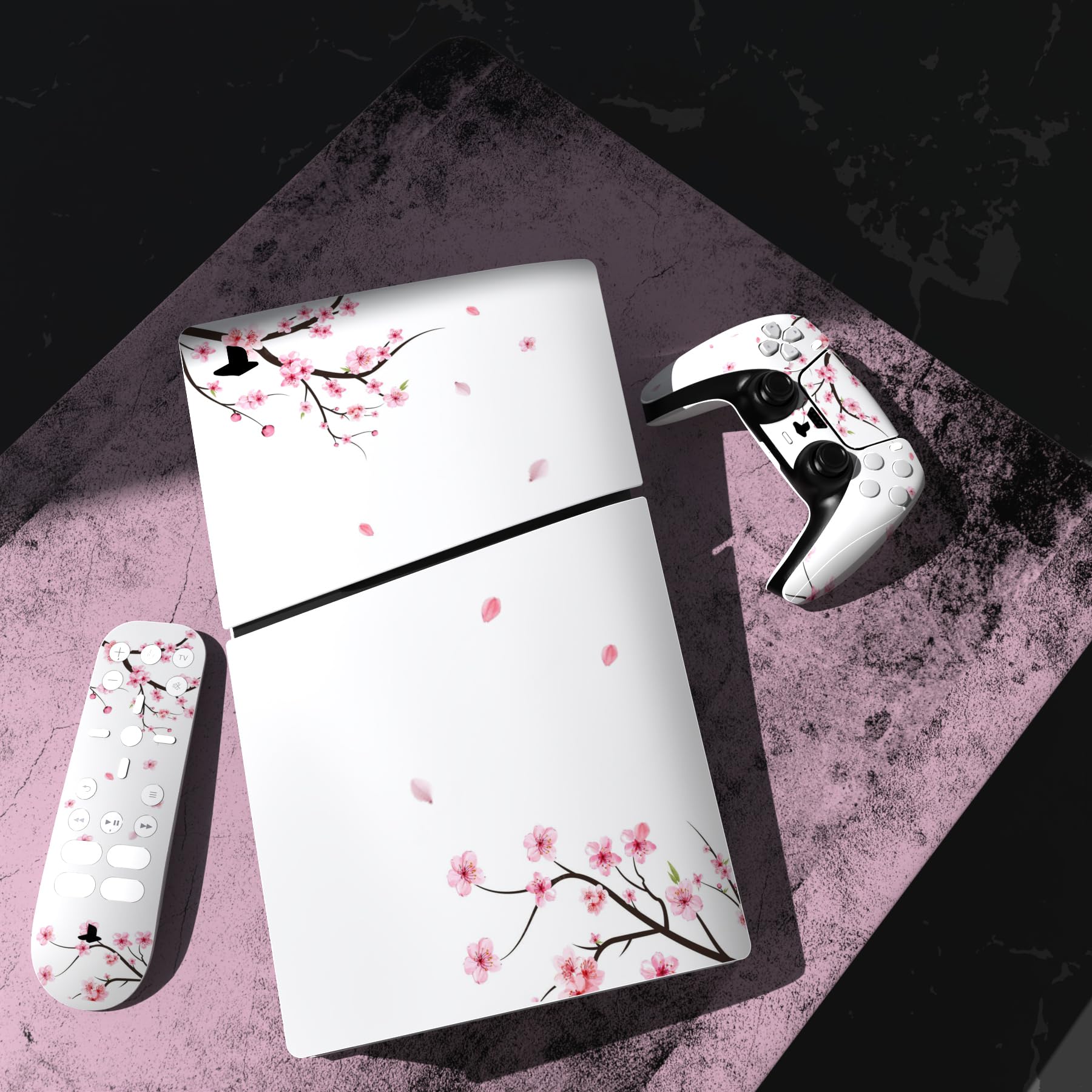 PlayVital Naklejka Akcesoria do ps5 Slim Digital Edition Zestawy Skórek do ps5 Slim Konsola Sticker do ps5 Kontroler&Stacja ładowania&Zestaw Słuchawkowy&Media Remote-Spadający Kwiat Wiśni