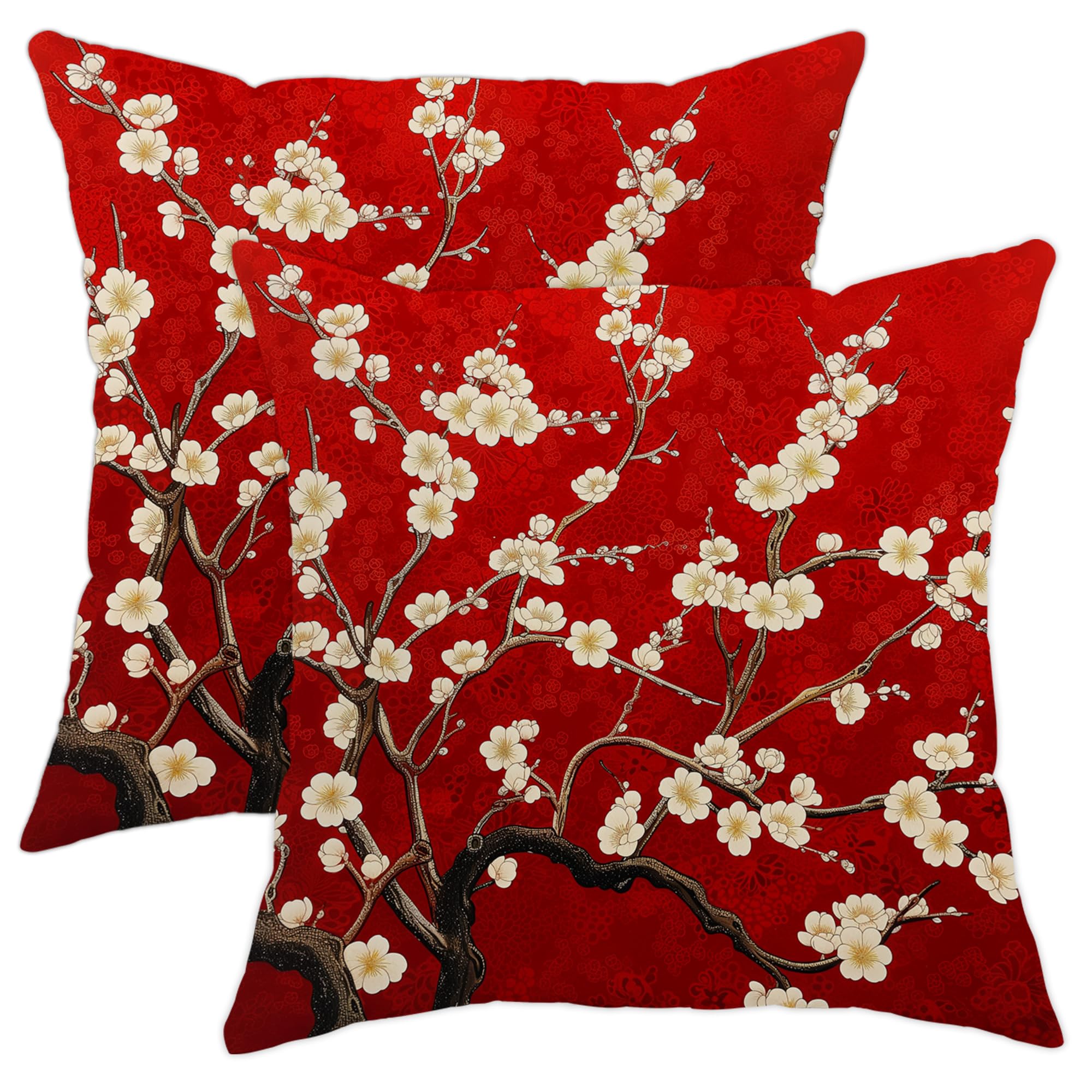 Spring Cherry Flower Pillow Covers Set of 2, Chinese Style Elegant Red Blossom Throw Pillow Cases, Printed Summer Decorative Oriental Decor Cushion Covers for Home Sofa Bed Couch 16x16 Inch