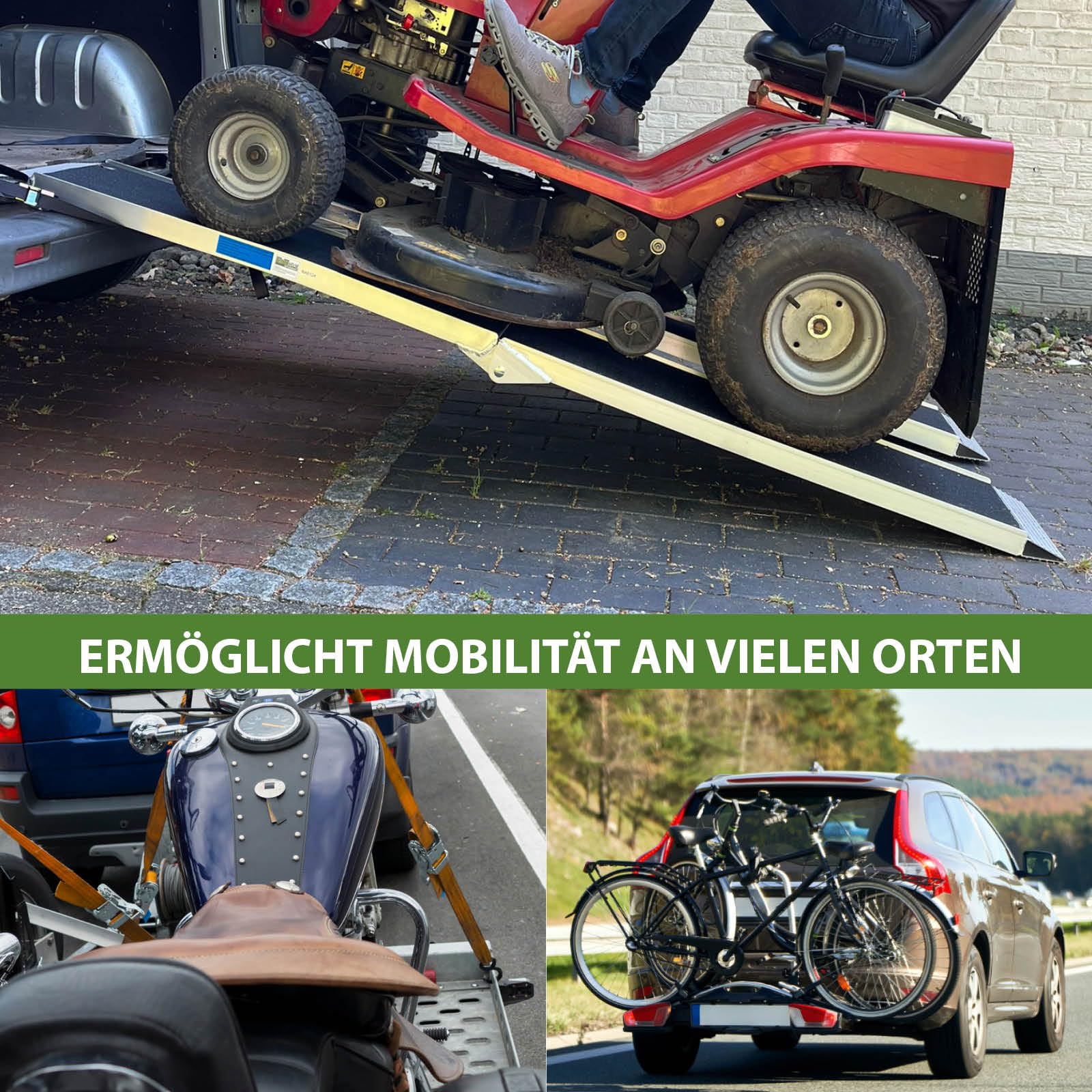 TRUTZHOLM 2X Auffahrrampe klappbar Länge 228 cm 340 kg Traglast je Stück 680 kg Gesamttraglast Aluminium Friktionsbeschichtung Anti Rutsch E-Bike-Rampe Fahrradrampe Motorradrampe inkl. 2X Spanngurt