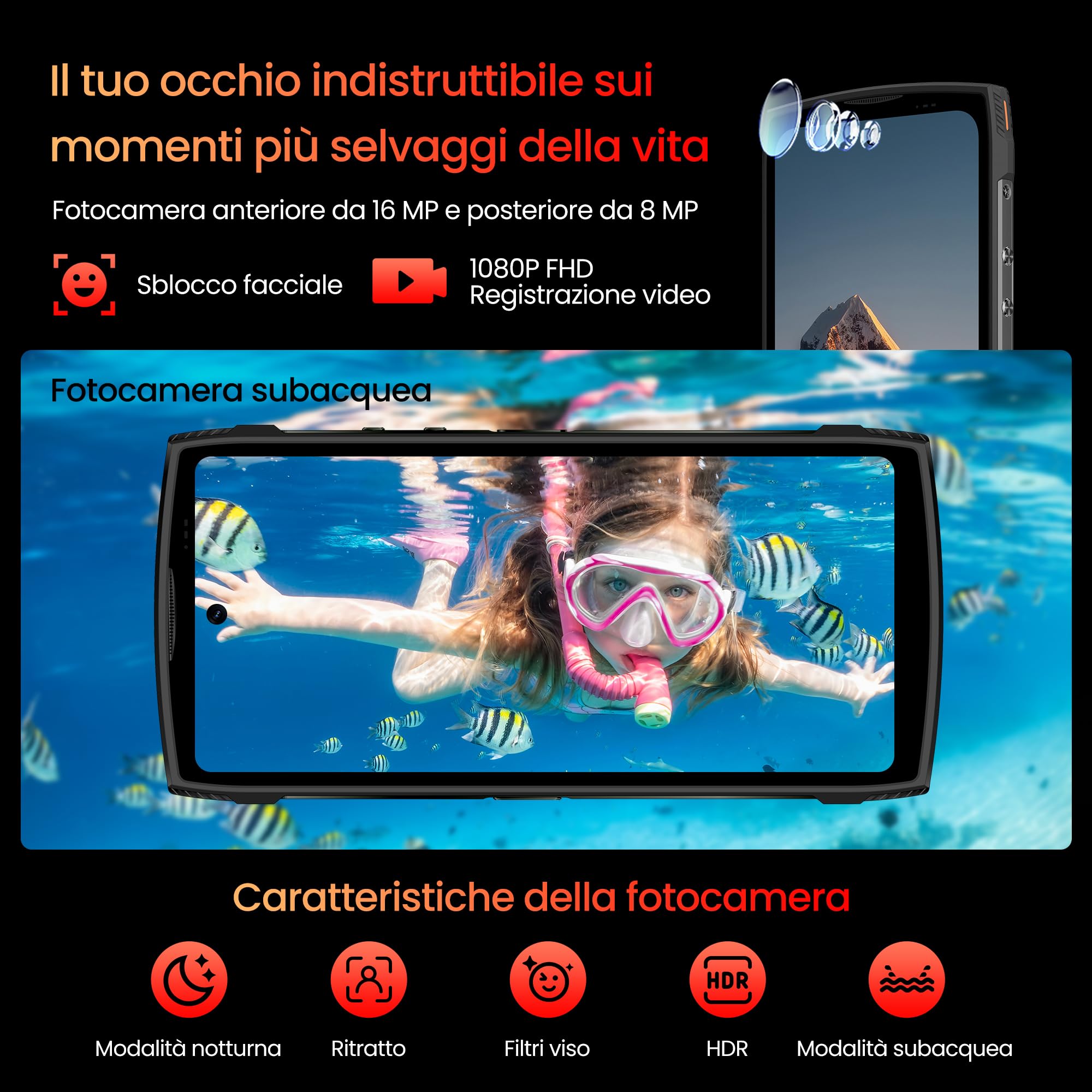 Panther 2 Rugged Smartphone Android 15, 12GB+128GB/1TB Espandibile, IP68/IP69K 6.7" HD+120Hz Cellulare Impermeabile, 16MP+8MP, 5150mAh, Widevine L1/Face ID/OTG/GPS/NFC/3 SIM Slots, Nero