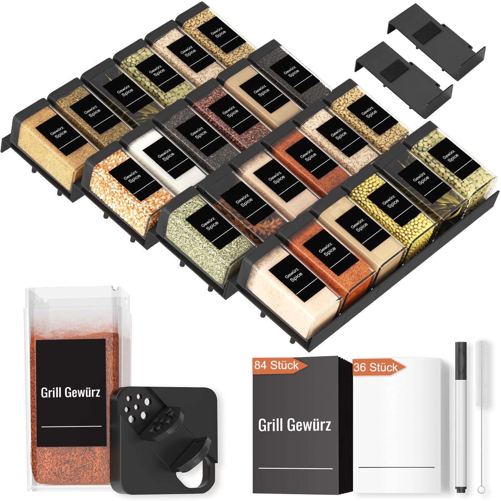 Famhap Gewürz Organizer Schublade 24 Stück mit 24 Plastik Gewürzstreuer, Kombinierbarer Gewürzregal Schublade, Küchen Organizer Schublade, Spice Rack Schublade für Gewürze Aufbewahrung, Schwarz