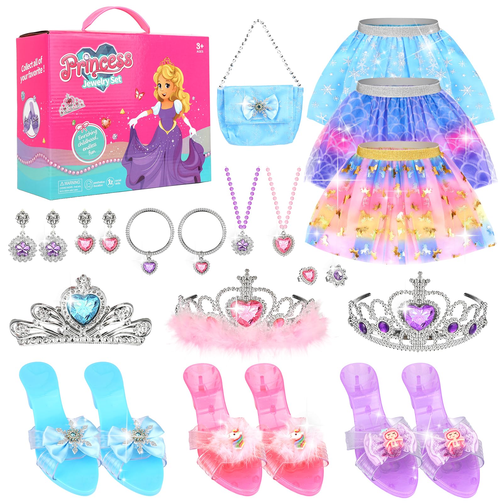 Disfraz Princesa Niña, Falda Tutu Zapatos Princesa Niñas con Collar Corona Bolso Vestido Princesa Regalos Niñas para Navidad Cumpleaños para 3 4 5 6 7 años