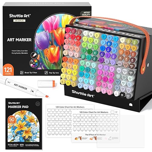 Shuttle Art 121 Colors Alcohol Markers, 120 Colors Dual Tip Art Marker Set Plus 1 Colorless Blender with Marker Case Perfect for Illustration Students Adult Coloring Sketching - 121 Colors