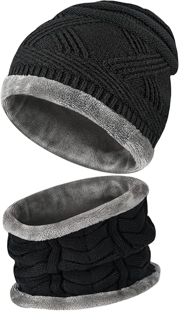 Amazon Brand HIKARO Beanie Hats Gifts for Men Women Hat Scarf Set for Men Double Layers Winter Thermal Hats, Soft Fabric Ski Knitted Beanie Hat Valentine's Day Gifts for Men Women,Black, One Size