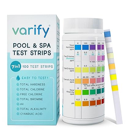 VARIFY 7 in 1 Pool & Spa Water Quality Testing Strips | 100 Count | Easy and Accurate | Test for Free Chlorine, Total Chlorine, Bromine, Total Hardness, pH, Total Alkalinity, and Cyanuric Acid!