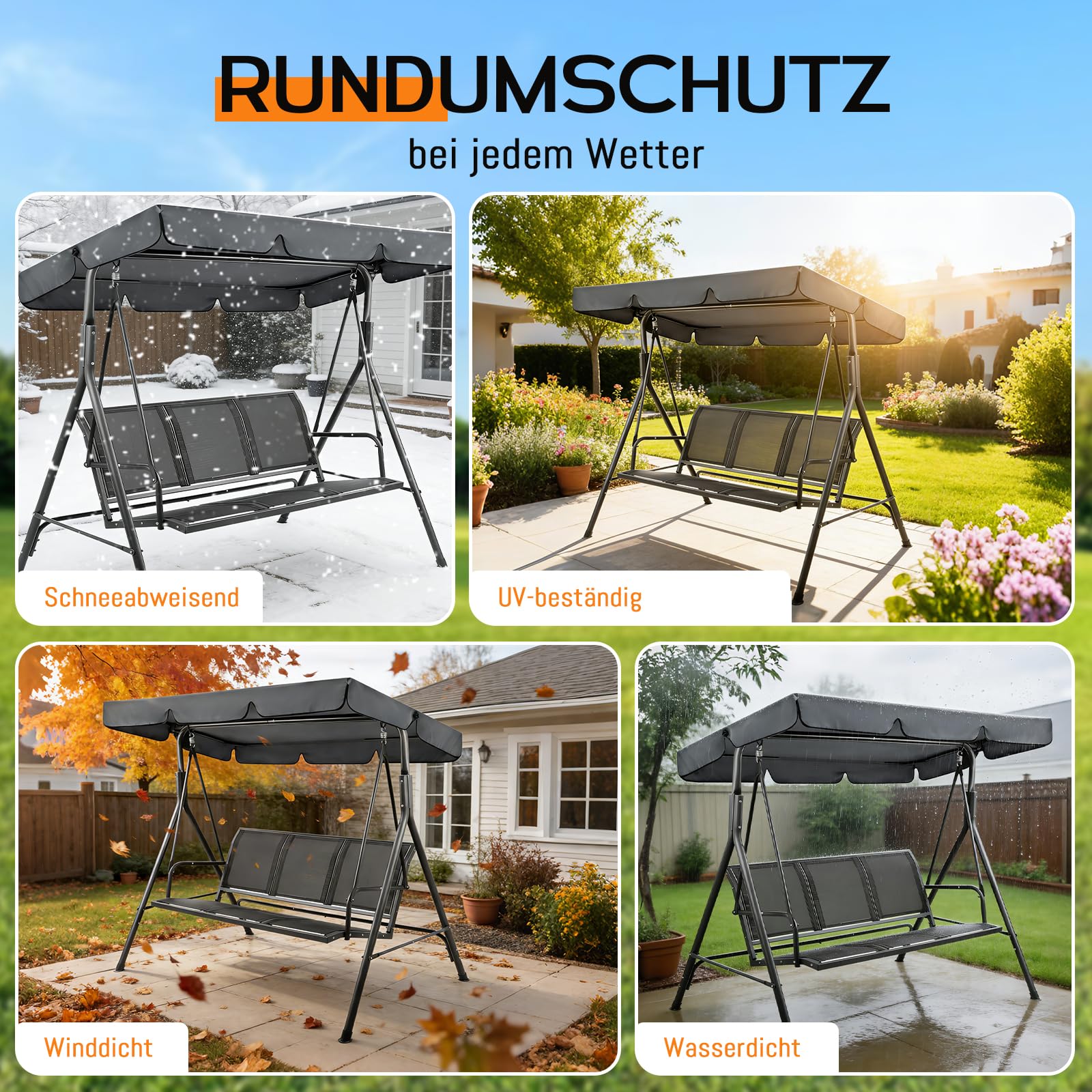Hollywoodschaukel Dachbezug, 210 x 145 cm Universal Ersatzdach Gartenschaukel 3 Sitzer, Wetterbeständig Sonnendach für Gartenschaukel, UV-Schutz Sonnendach (210 x 145 cm)
