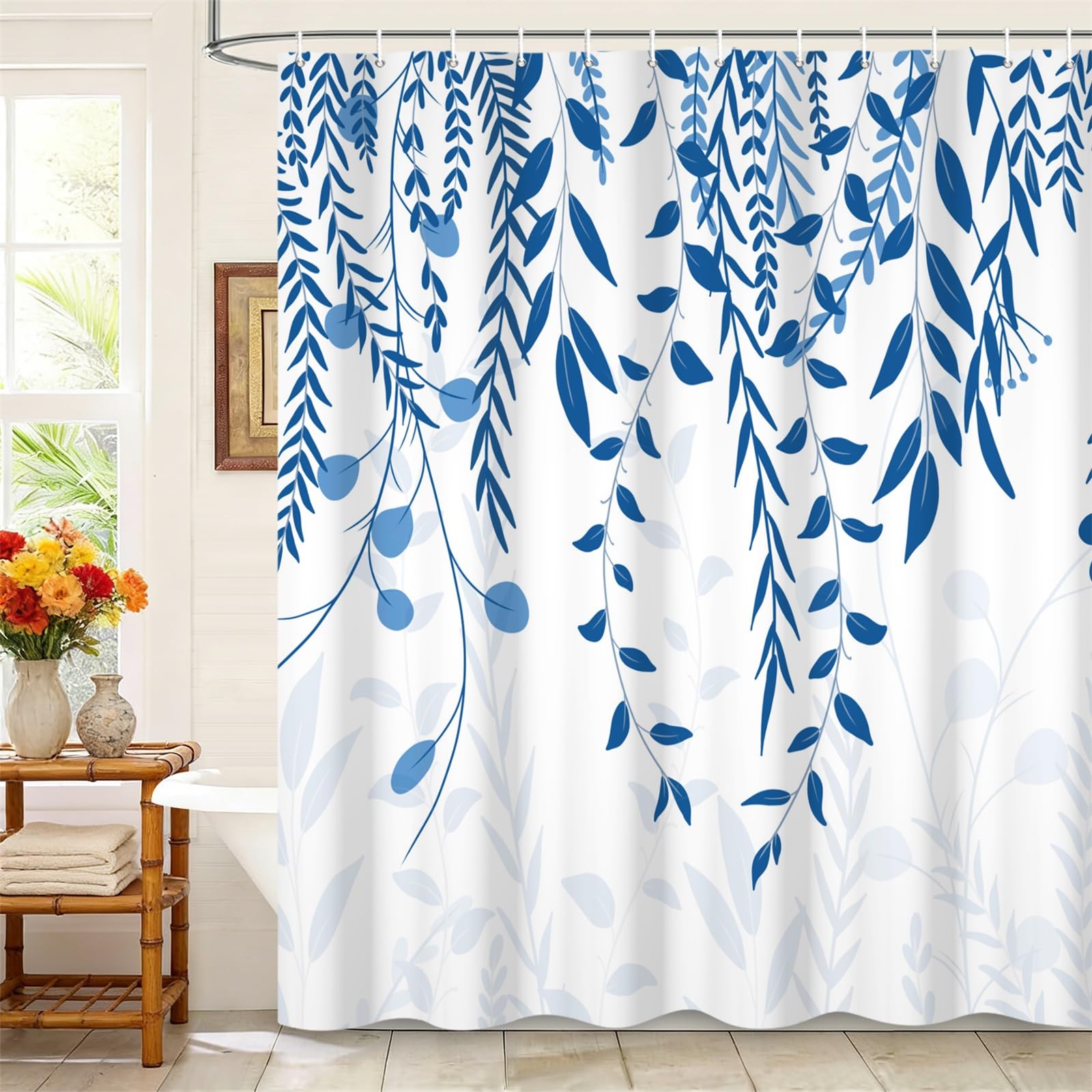 Kzzfqxb 90x183cm Leaves Shower Curtains with Hooks, White Background Hanging Vines Willow Blueleaves Trees Branches Occluded Waterproof for Bath, Polyester Fabric Bathroom Bathtub Natural Decor — image 1