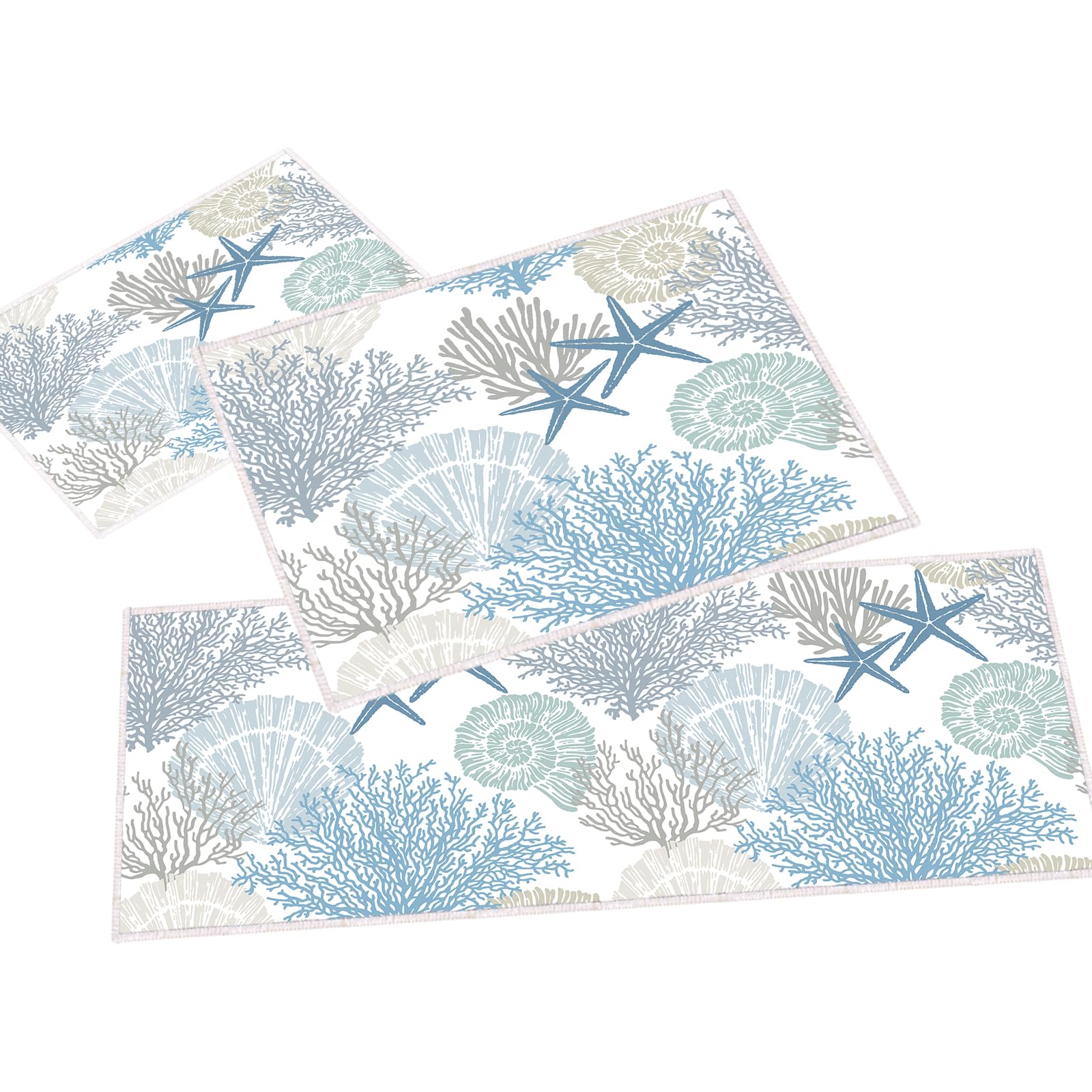 Coastal Kitchen Mat Set of 3 Cushioned Anti Fatigue Mats for Kitchen Floor,Ocean Nautical Starfish Seashell Beach Bathroom Runner Rug Non Slip Standing Mat Washable Kitchen Rug Runner for Sink,Laundry