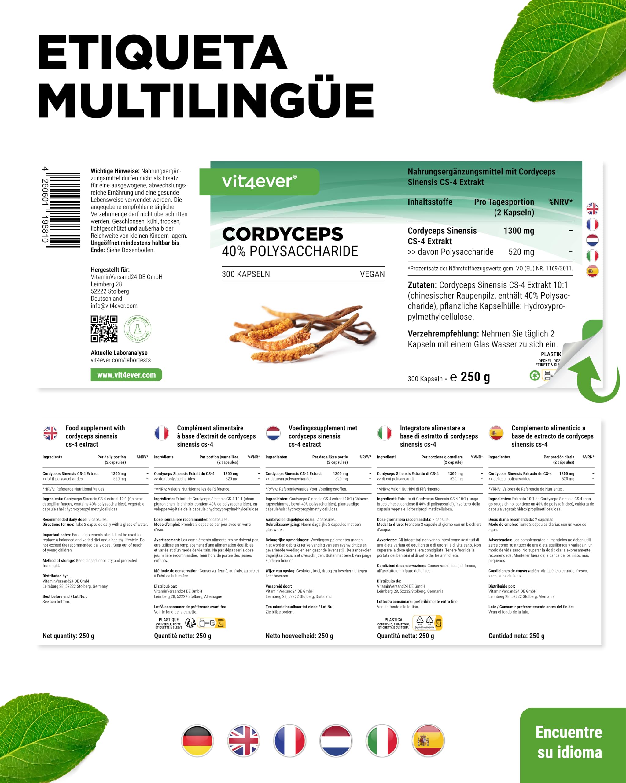 Cordyceps mushroom - 300 cápsulas con 650 mg de extracto real CS-4-40% polisacáridos bioactivos - alta dosis - hongo oruga - vegano
