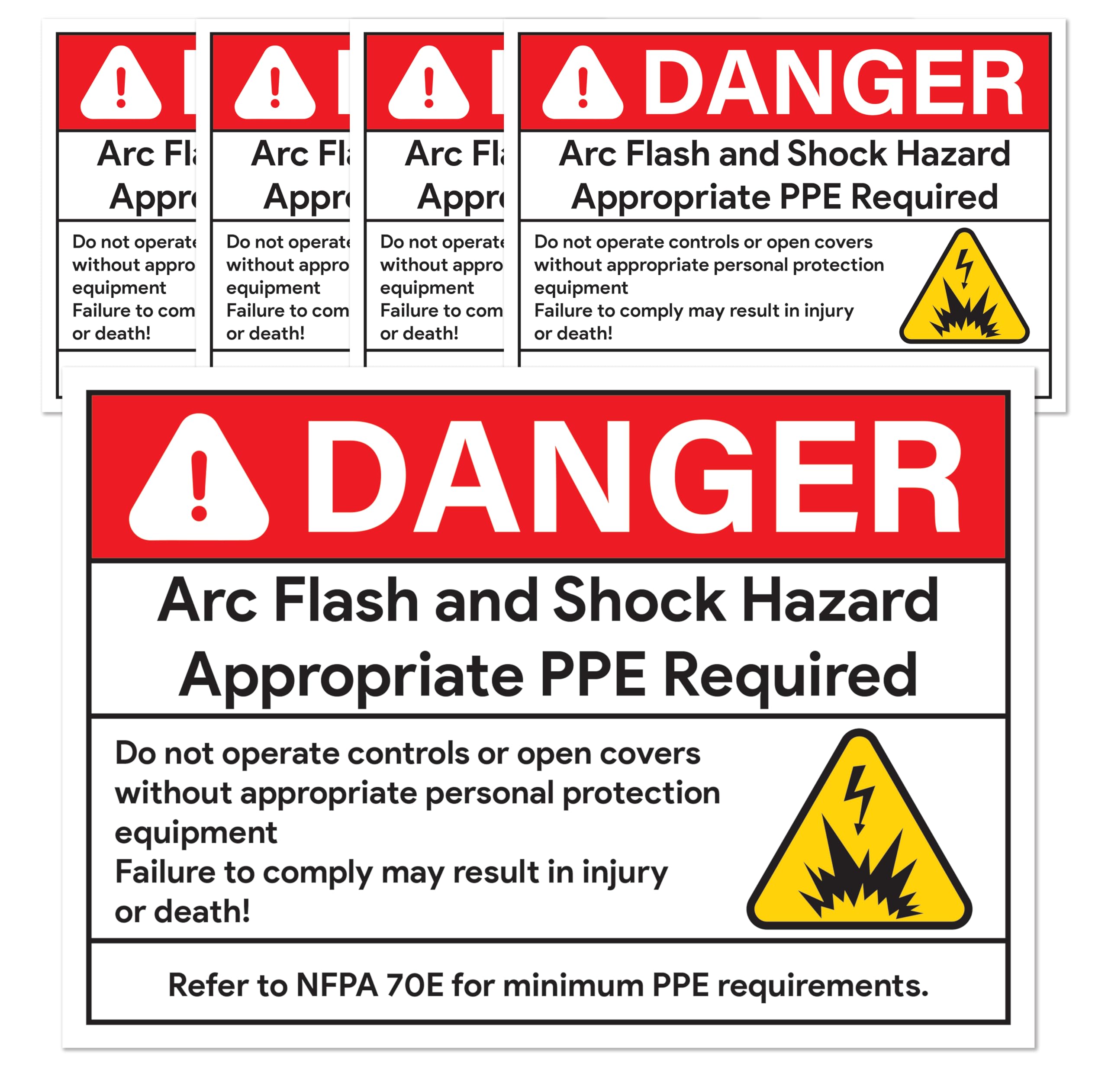 5pcs Arc Flash Danger Warning Stickers, 5" x 3.5" Self Adhesive