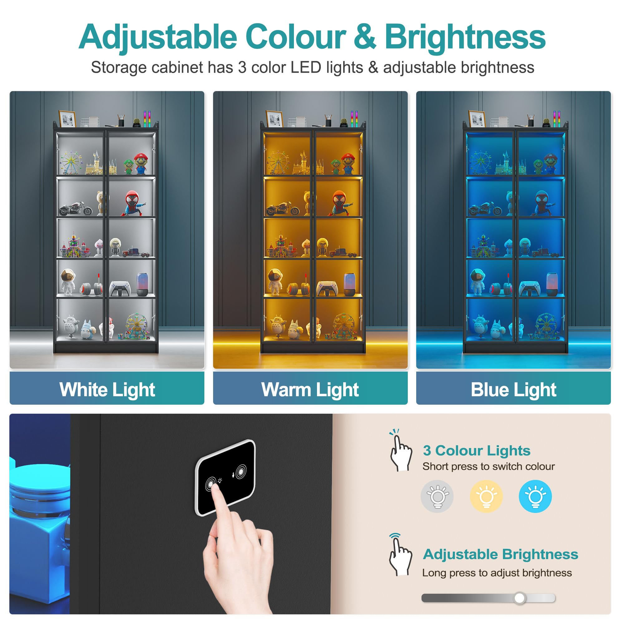 5 Ripiani Vetrina Espositiva con Sensori Intelligenti per Soggiorno,Nero | Vetrinetta Espositiva con Illuminazione a LED,Regolabili in Altezza e Anta in Acrilico,Vetrina per Camera da Letto