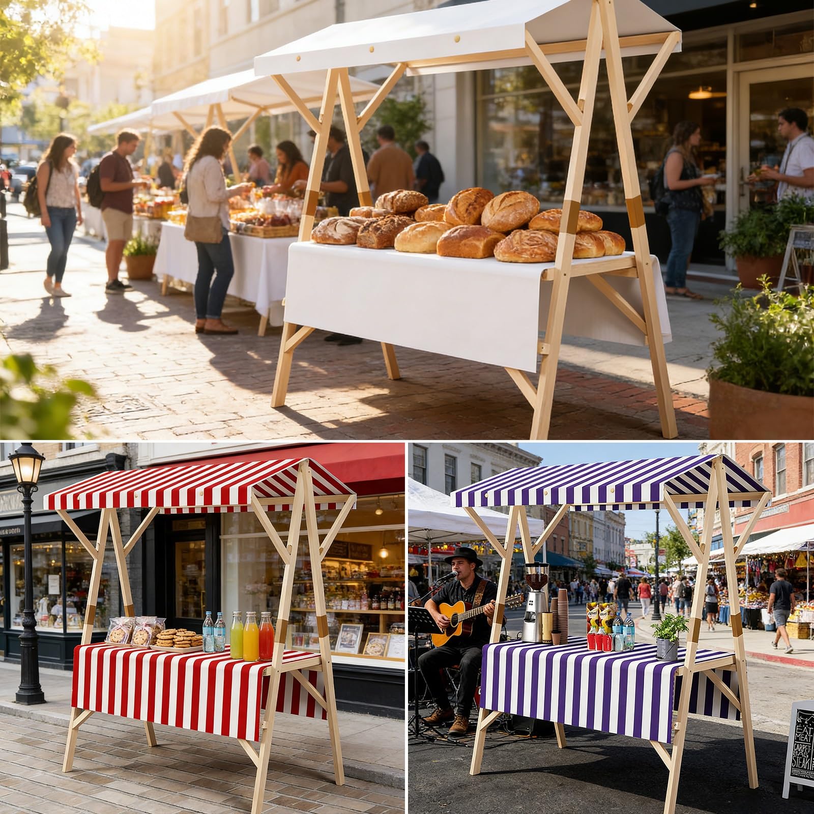 HARELA Marktstand Imbisswagen Marktstand-Display Aus Holz, Verkaufsstandwagen, Süßigkeiten/Eis-Verkaufsstand mit Markise, Faltbare Bauernmarktstände for Straßen/Bauernmärkte(Orange A,120cm/47.2in)