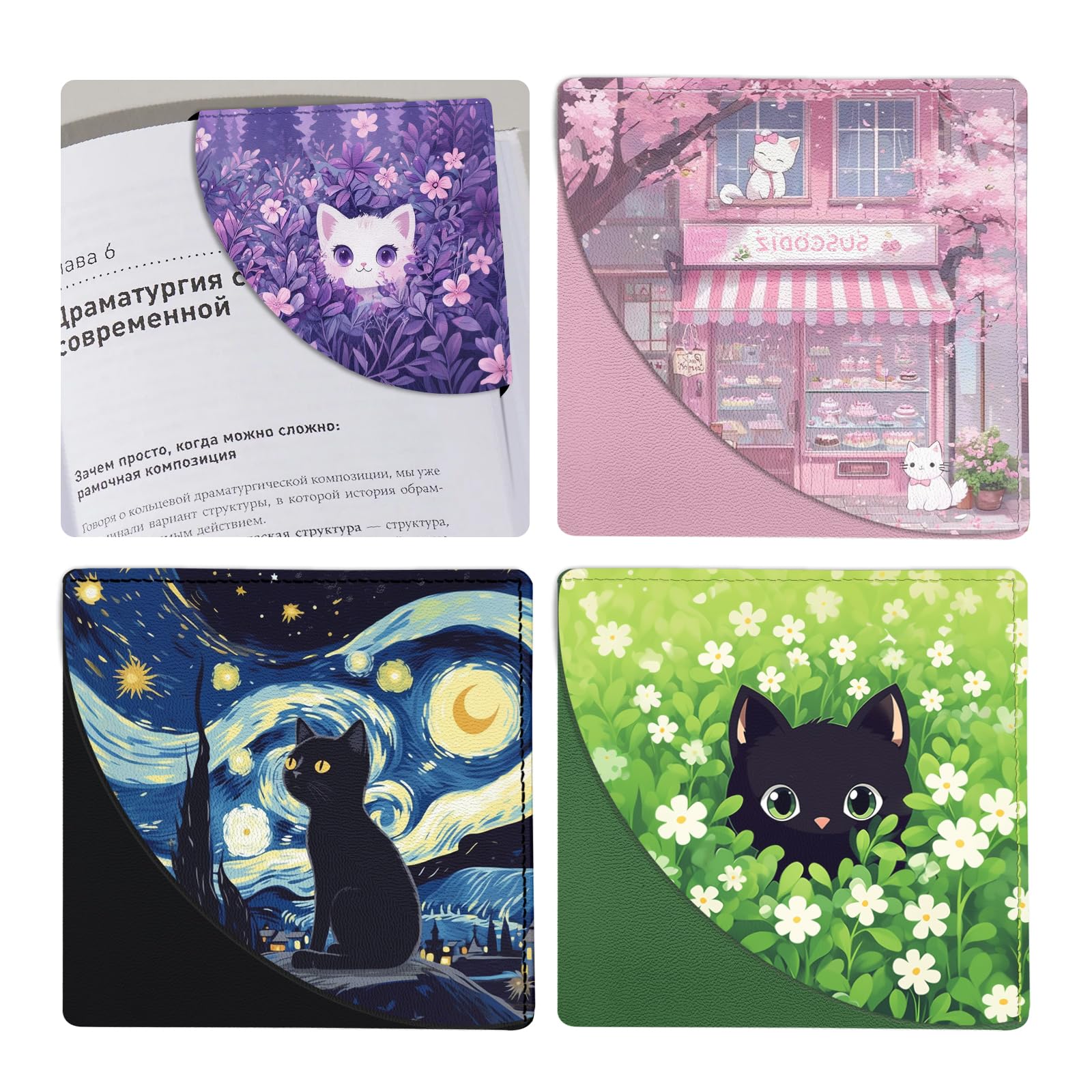 bolimoss Cute Black Cat Bookmarks for Kids, Funny Leather Corner Page Book Accessories for Book Lovers, 4 Pcs Floral Reading Book Page Markers for Women Student Teacher Girls Retirement Birthday Gifts