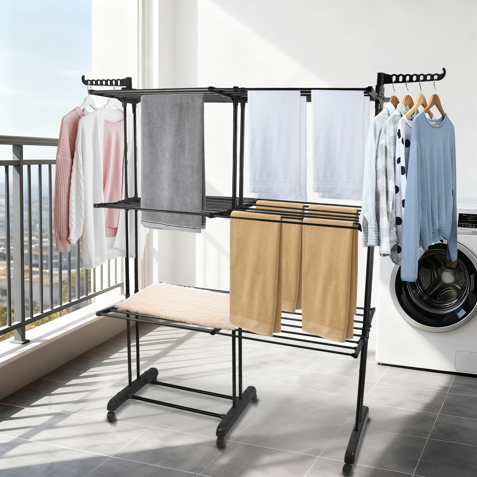 OHMG Wäscheständer, Turm, platzsparend, mit 12 Flügeln, auf 3 Ebenen, ausziehbar, Länge 75 – 132 cm, klappbarer Waschtisch für Innen und Familien, mit 6 Rollen