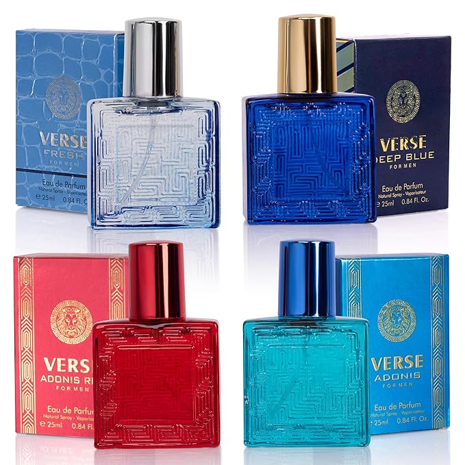 NovoGlow Verse Mini 4-Piece Fragrance Gift Set for Men - Aromatic, Floral, Oriental & Woody Notes - Individually Boxed - Travel Size - 25ml Eau De Parfum