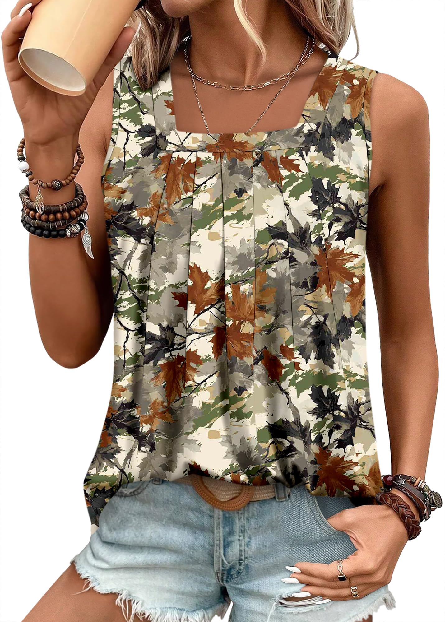 onlypuff Womens Tops Tunics Sleeveless Pleated Front Blouses Summer Short Sleeve Shirts Tank Tops S-3XL