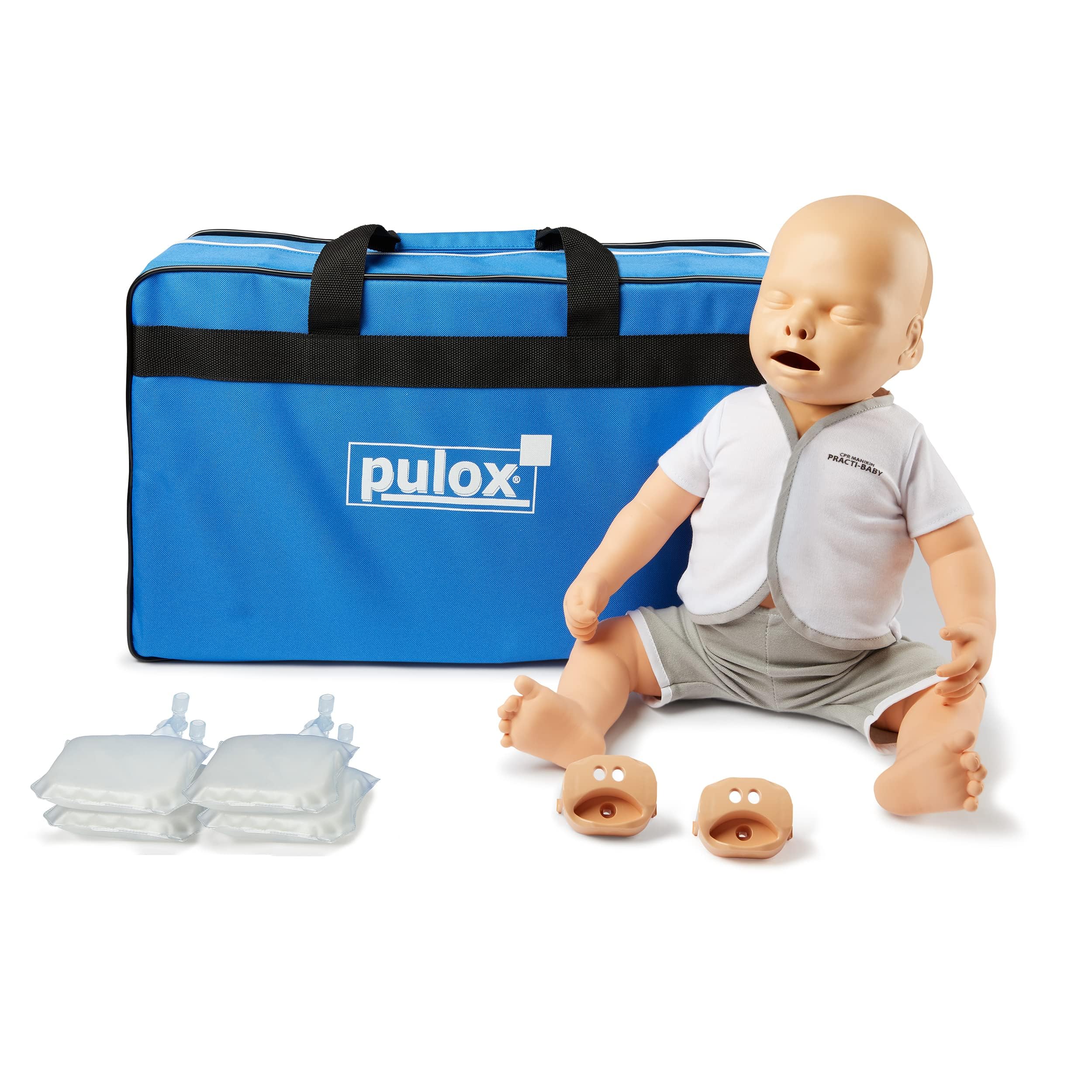 PULOX Practi-Baby Reanimationspuppe mit Gesichtsmaske & Tragetasche | Trainingspuppe für CPR- und HLW-Schulungen, inklusive 4 Luftbeuteln für realistische Übungseinheiten
