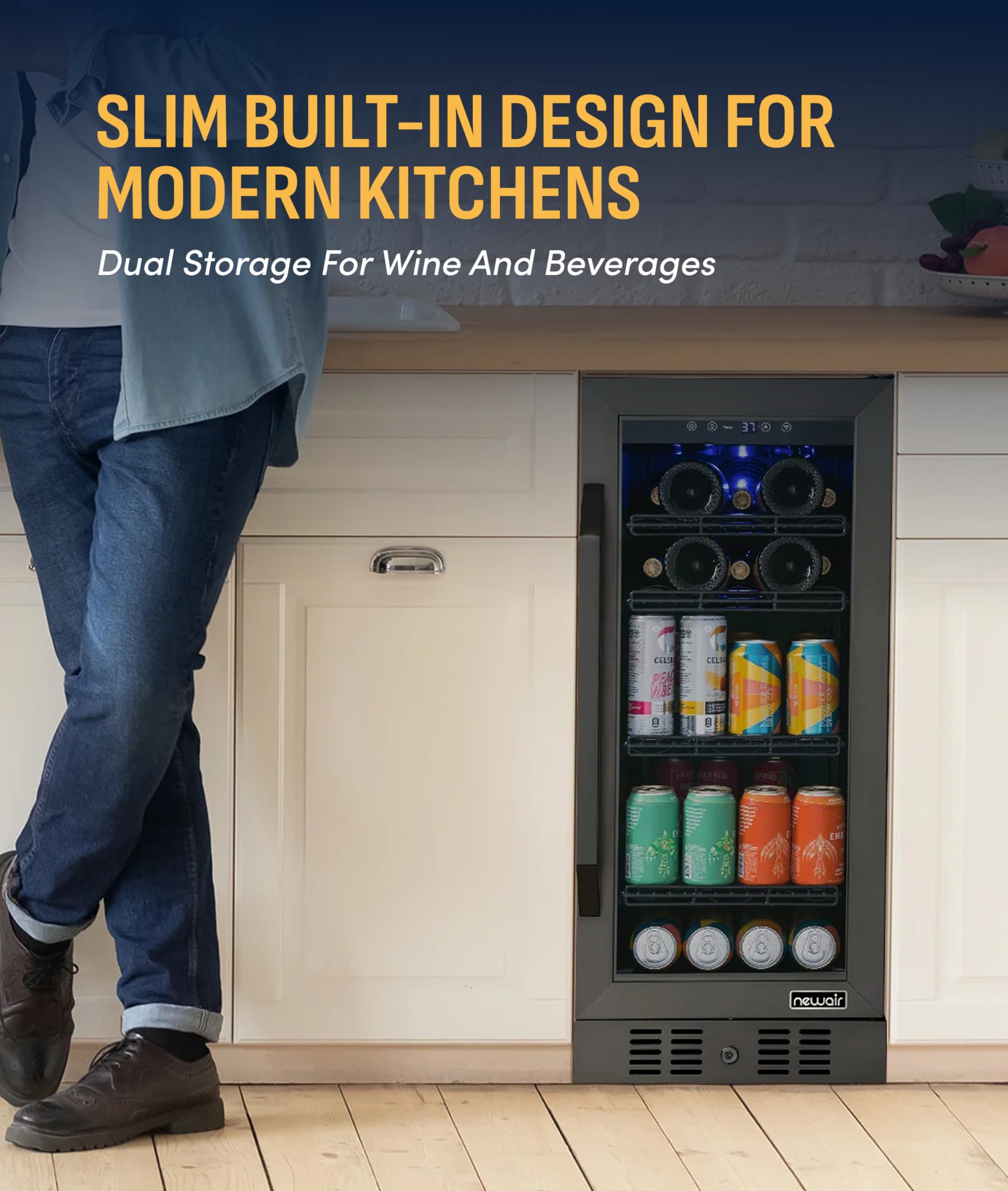 NewAir 15" Single Zone Beverage & Wine Fridge | Beverage & Wine Refrigerator For 33 Bottles / 80 Cans | Freestanding Or Built-In Under Counter Mini Fridge For Beer, Wine & Soda | Black Stainless Steel on Fridge.com - View 2
