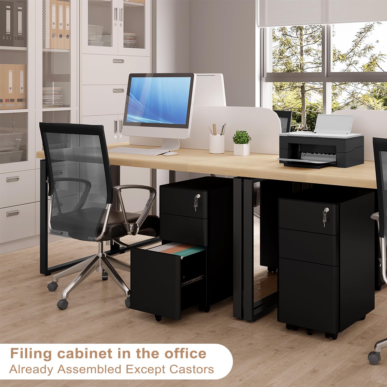 WOLTU Cassettiera a 3 Cassetti, Schedario da Ufficio in Metallo, Organizer per Documenti con 5 Ruote, Cassettiera con Chiave, per Formato A4 Letter Legal in Studio, 30x45x60cm, Nero, ASK10sz