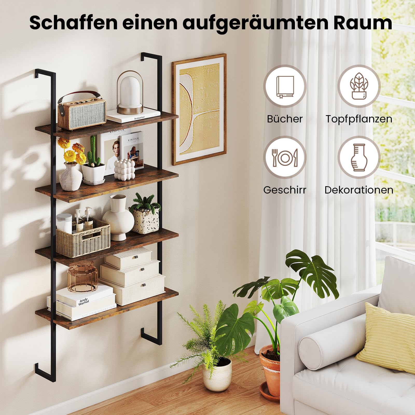 COSTWAY 4-stöckiges Wandregal, schwebendes Leiterregal Wandmotage, Wandmontiertes Leiter-Bücherregal aus Holz für Wohnzimmer, Küche, Bar, Büro, 76 x 30 x 163 cm