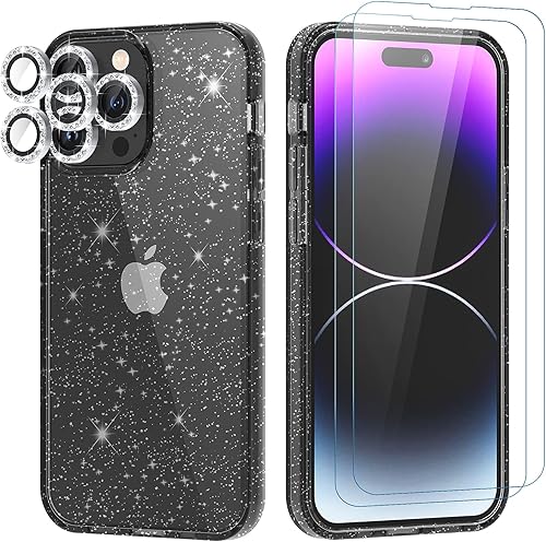 Diseño de funda con purpurina para iPhone 14 Pro con 2 unidades protector de pantalla y paquete de 3 protector de lente de cámara, funda de disponible en Yaxa Peru