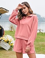 Vista 2 de Flygo Conjunto de 2 piezas de algodón para mujer, sudadera con media cremallera y pantalones cortos de cintura alta