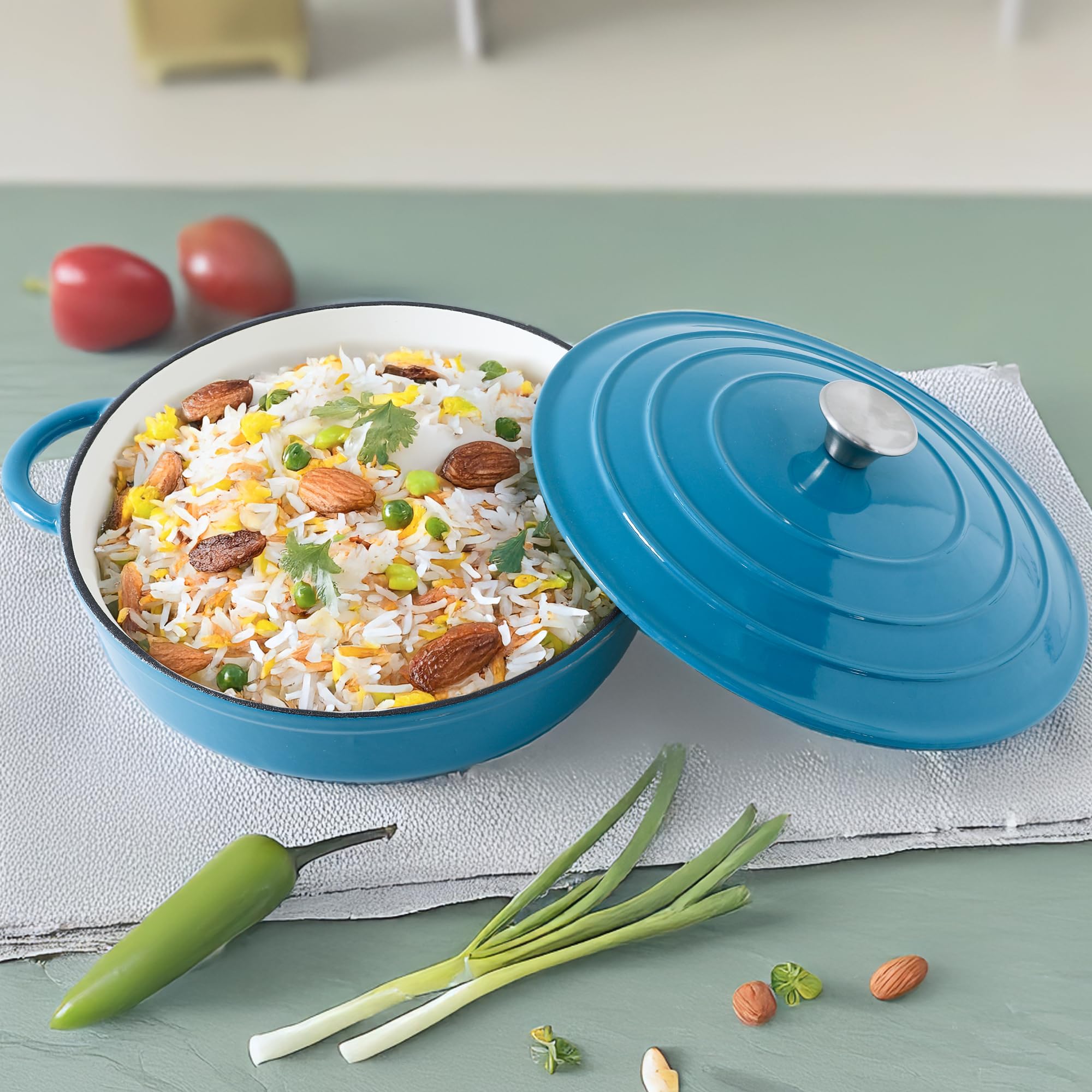UMAI Blue Enameled Cast Iron Dutch Oven | 3.4L Biryani Handi | Gas & Induction Compatible | Non Stick | Rust Proof-image-0