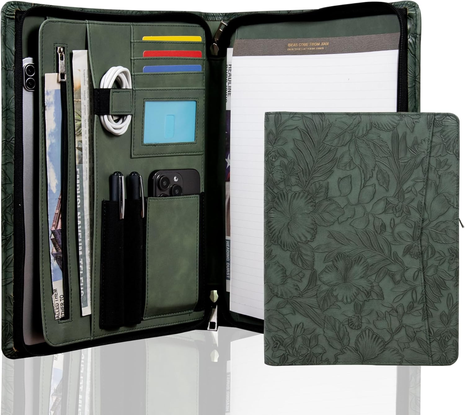 AZXCG Embossed Leather Padfolio for Women, Professional Bussiness Portfolio Organizer with A4 Notepad Holder, Zippered Portfolio Binder Fits 13" Ipad/Tablet,Gift for Women,Valentine's Day
