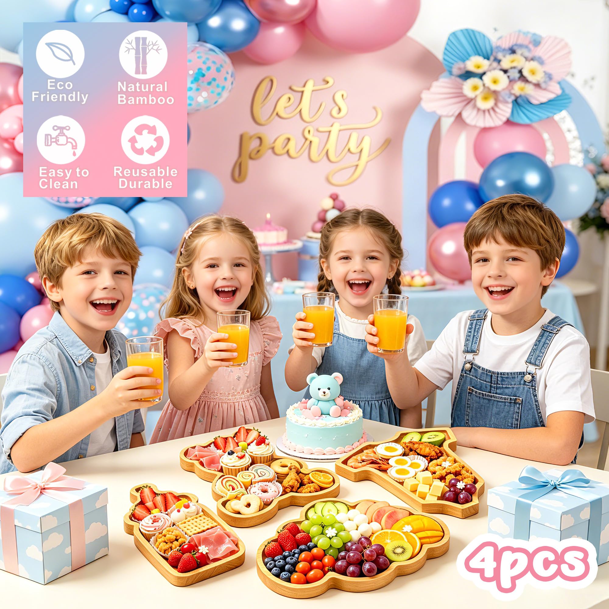 4 vassoi per salumi, vassoi per alimenti per baby shower, grandi vassoi in legno, scatole riempibili per cibo, snack, frutta, salumi, compleanni, genere, decorazioni per feste