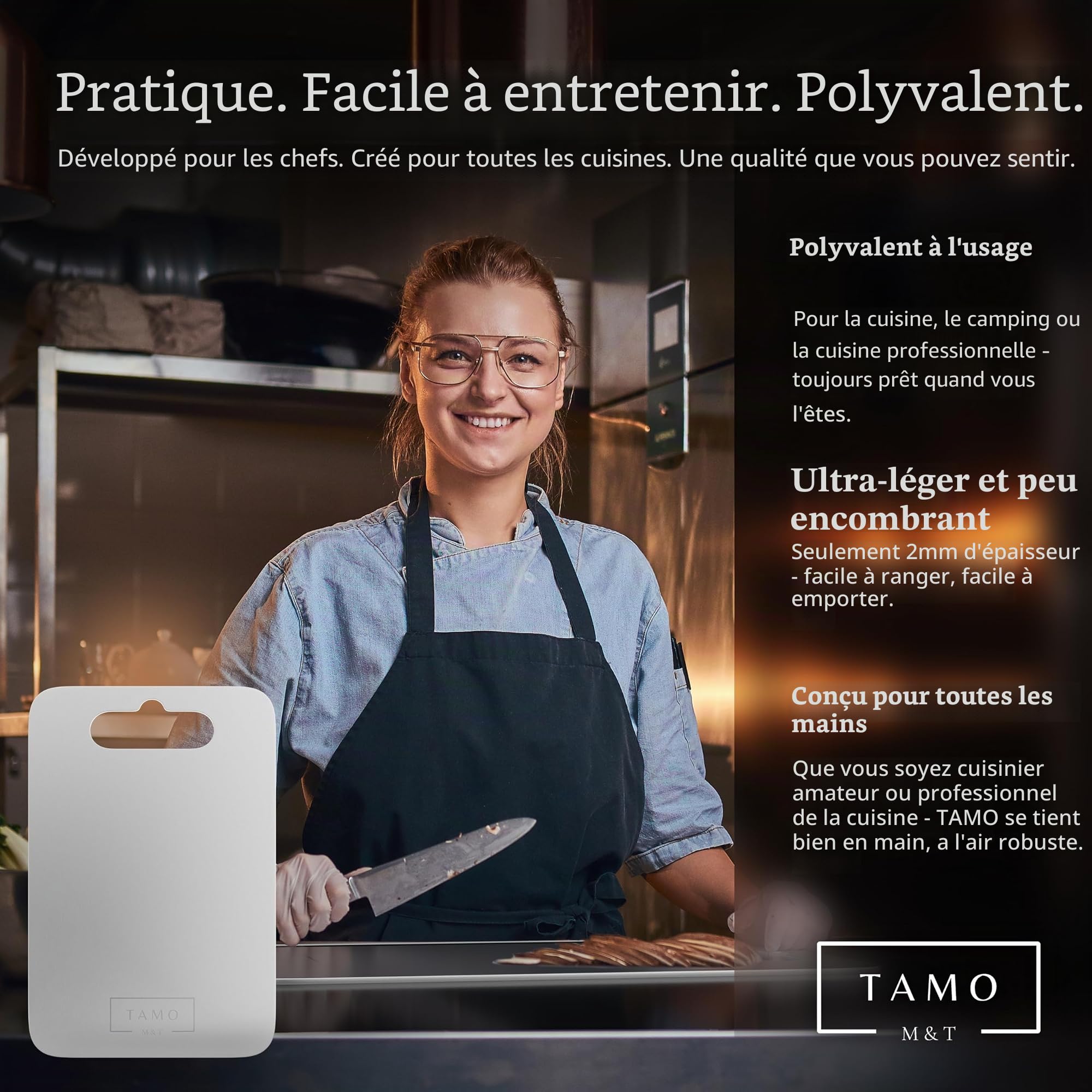 Planche à découper Tamo en titane 100% pur - Hygiénique, antibactérienne et durable - Idéale pour la viande, les fruits, les légumes, la cuisine, le camping et l'extérieur