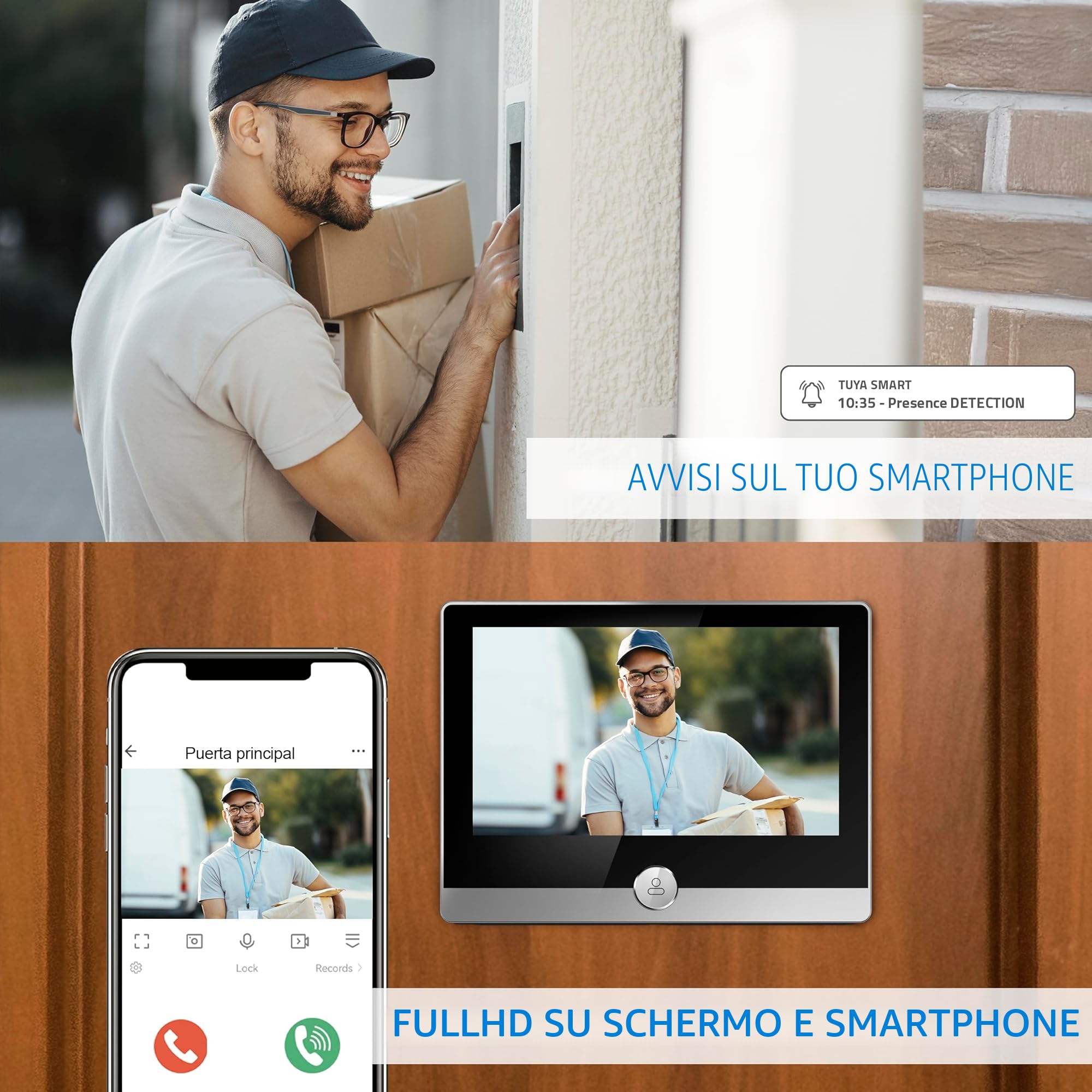 NIVIAN Spioncino Digitale WiFi - Videocamera Full HD con Batteria e Campanello, Audio Bidirezionale, Rilevamento PIR e Visione Notturna | App e Controllo da Smartphone