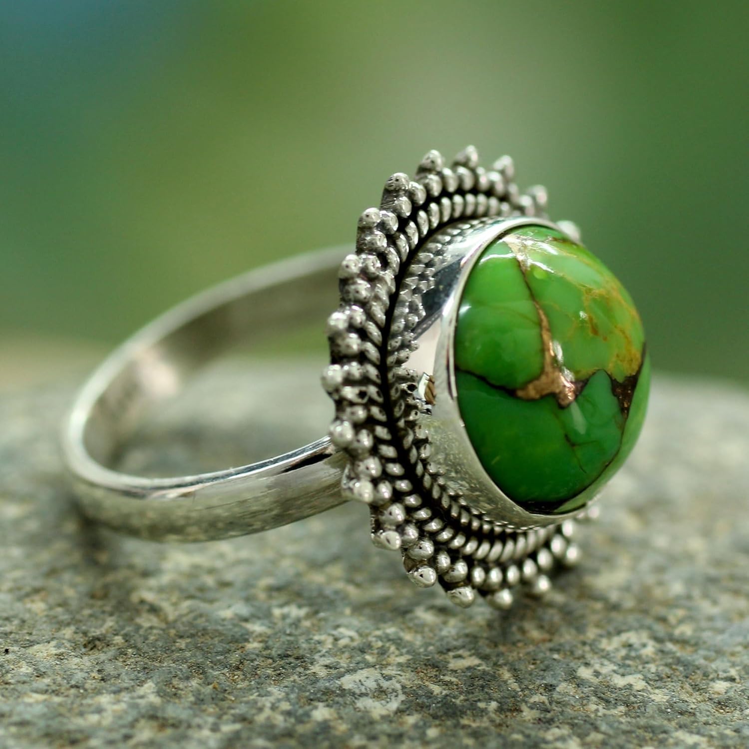 NOVICA Artisan Handmade .925 Sterling Silver Cocktail Ring Green Composite Turquoise Reconstituted India Greenery Bollywood 'Verdant Promise'