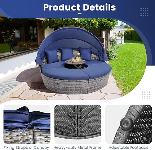 Miniatura 4 de HAPPYGRILL Sofá cama de ratán con toldo, sofá redondo de mimbre para exteriores, asiento seccional con cojines y mesa auxiliar ajustable, muebles de