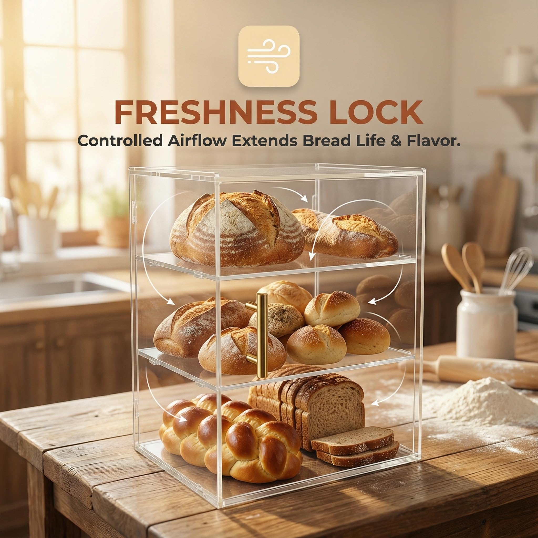 Vitrina para Panadería, Panera y Mostrador para Pastelería de Encimera de Cocina, Acrílico de 3 Niveles para Donas, además Organizador para Condimentos y Artículos de Tocador