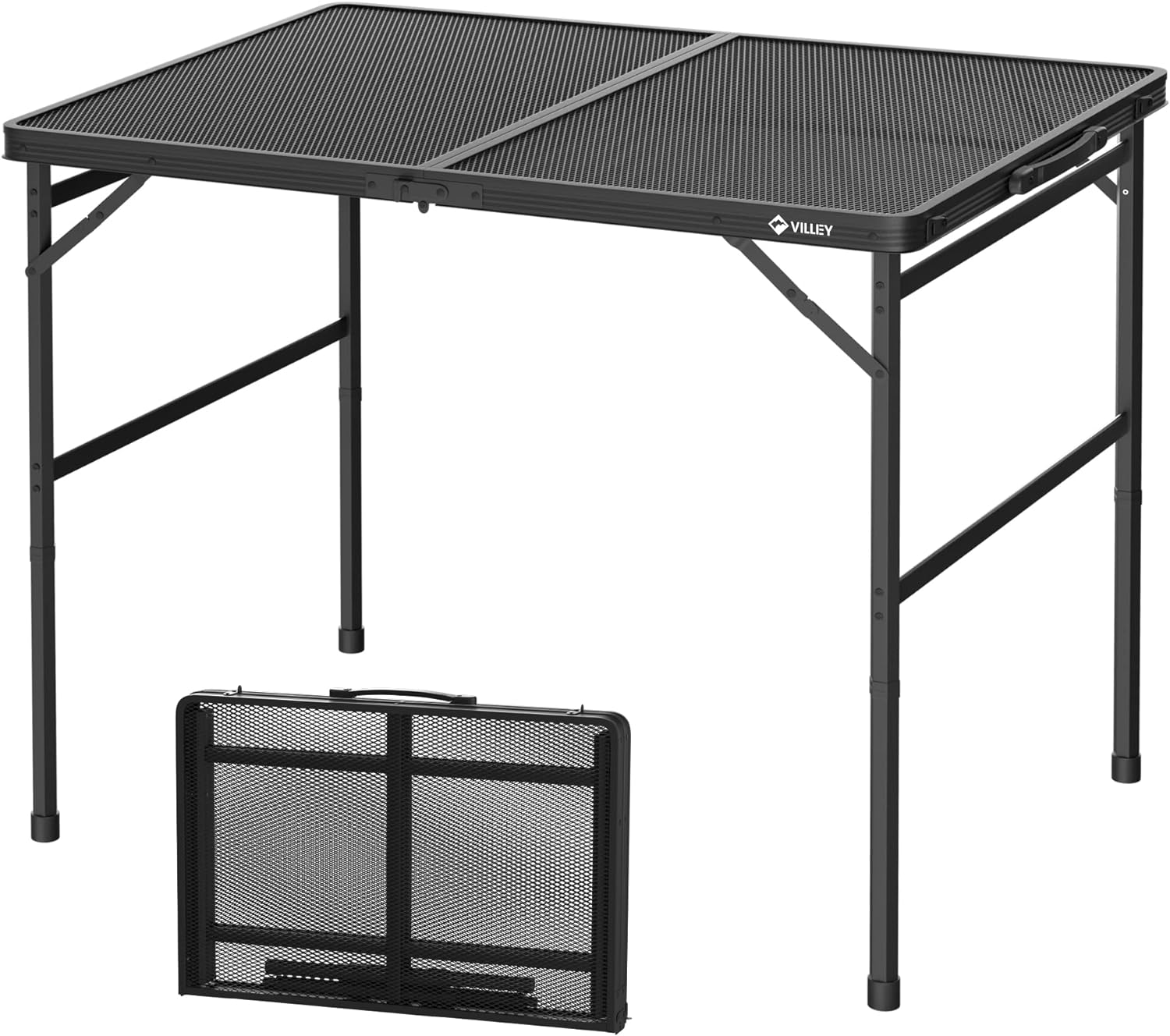 VILLEY Grill Table, 3ft Folding Camping Table with Aluminum Adjustable Legs, Portable Lightweight Camp Table for Beach Picnics and Outdoor Cooking Black