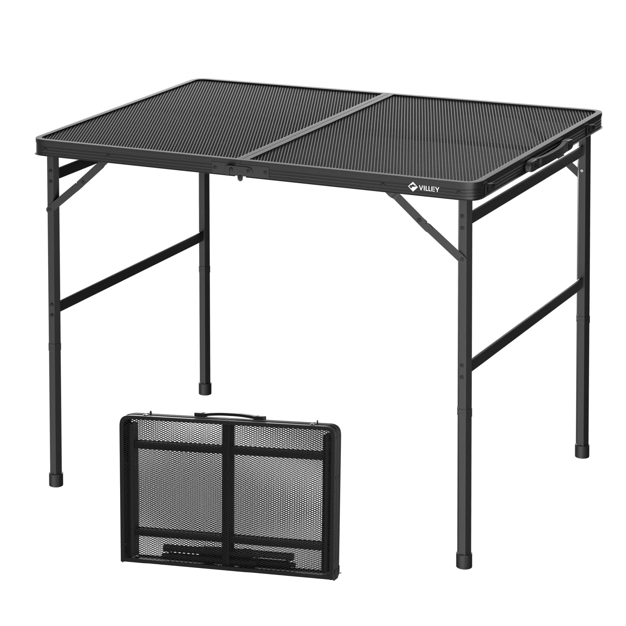VILLEY Grill Table, 3ft Folding Camping Table with Aluminum Adjustable Legs, Portable Lightweight Camp Table for Beach Picnics and Outdoor Cooking