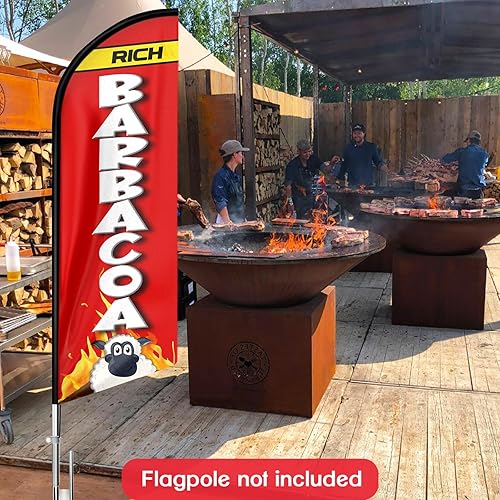 Miniatura 5 de QSUM Rich Barbacoa - Bandera con temática de Swooper de 11 pies, bandera de plumas publicitarias de Barbacoa rica con kit de poste, espiga de tierra