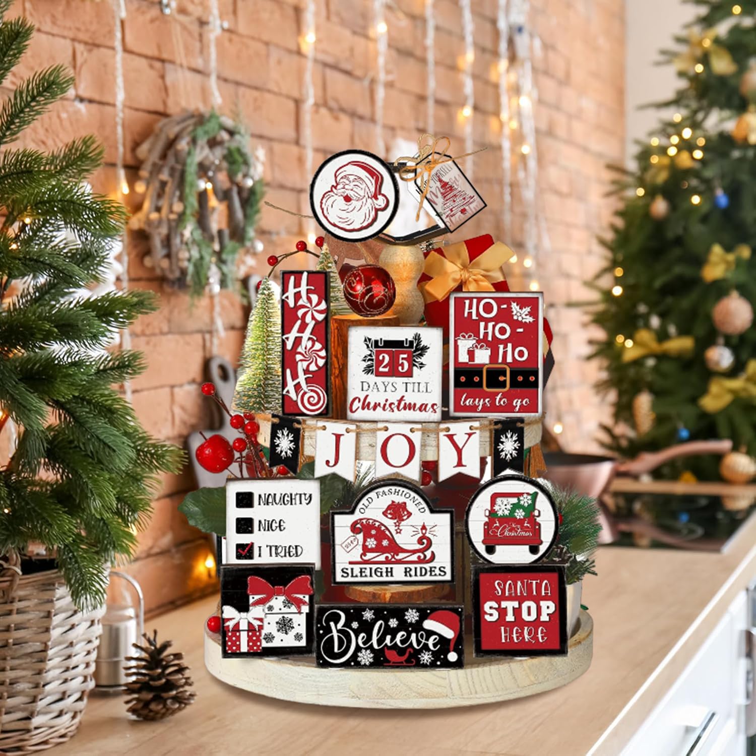 Décoration de table de Noël rustique en bois, plateau à étages pour cuisine et maison