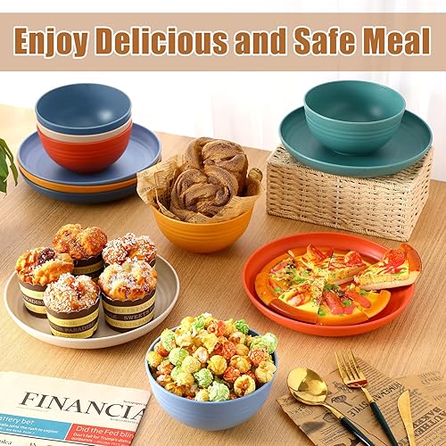 Miniatura 3 de Juego de 12 platos y cuencos de paja de trigo, 6 platos llanos de 9 pulgadas, 6 cuencos de cereales irrompibles de 28 onzas, juegos de vajilla de