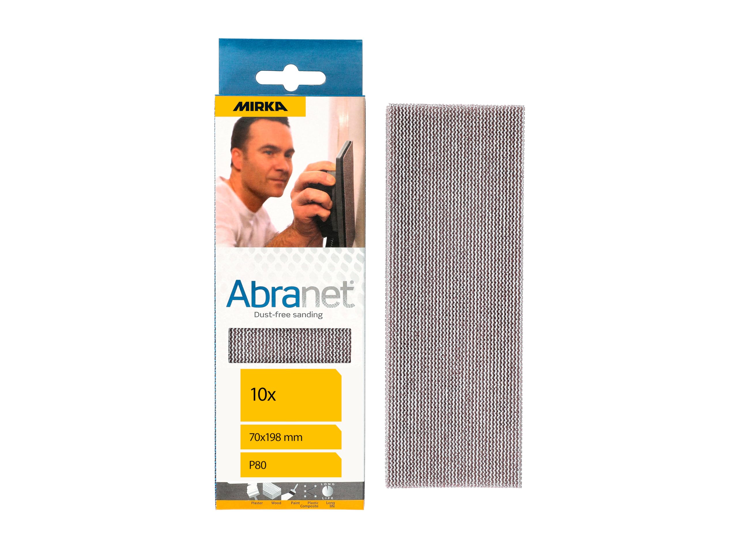 Mirka Abranet net sandpaper strips 70 x 198 mm Hook & loop/Grit P80 / 10 pcs/for sanding wood, walls, metal, aluminium, stainless steel, filler, varnish, plastic