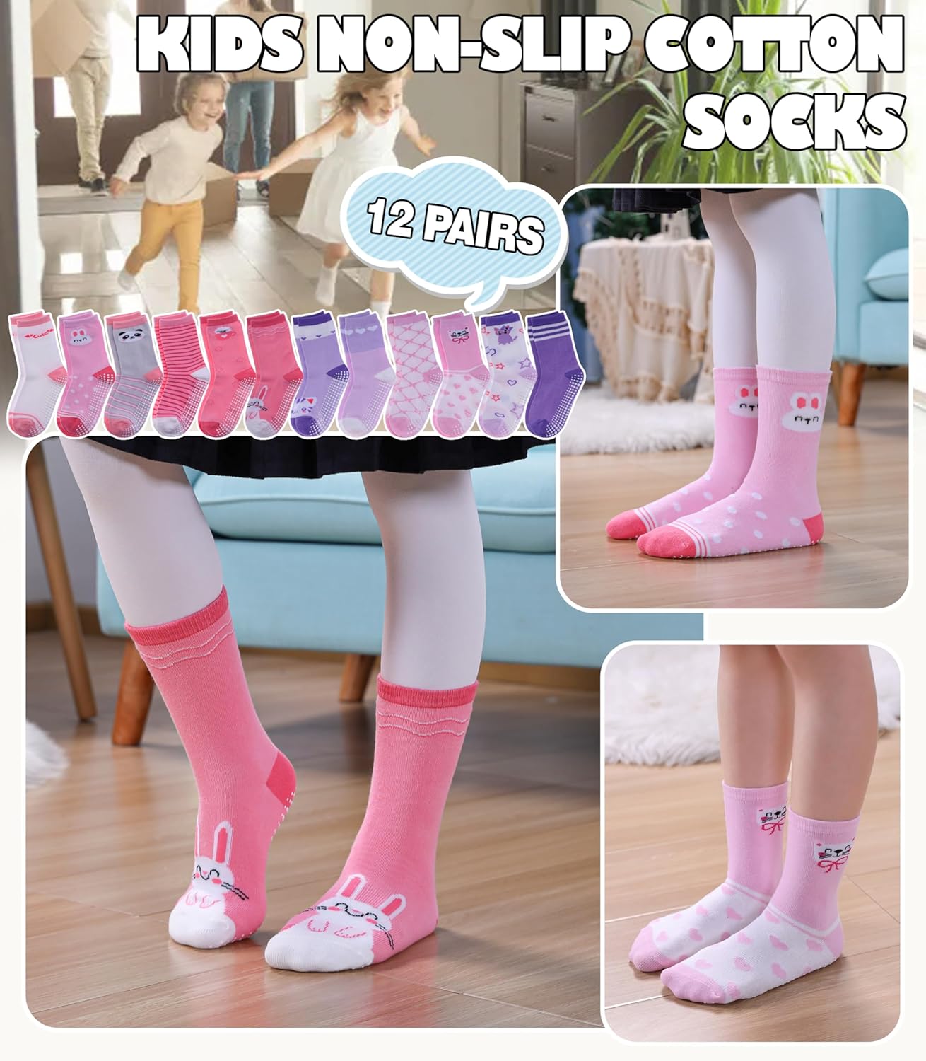 Toddlers Girls Non Slip Grip Socks - Cotton Crew Socks with Grippers 12 Pairs - Image 2