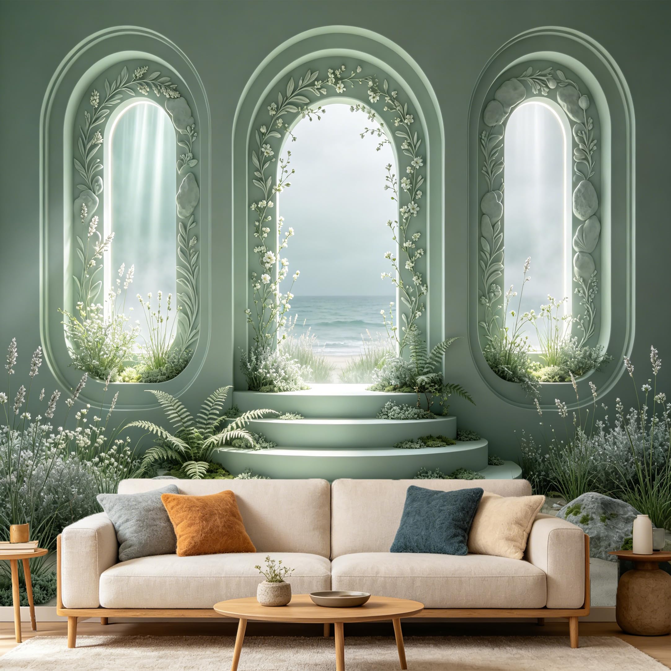 Custom Size Wall Mural， Archway Window Ocean Coastal View Botanical Garden， SelfAdhesive Art Prints wall Fabric Removable Large Wallpaper Home Living Room Decor