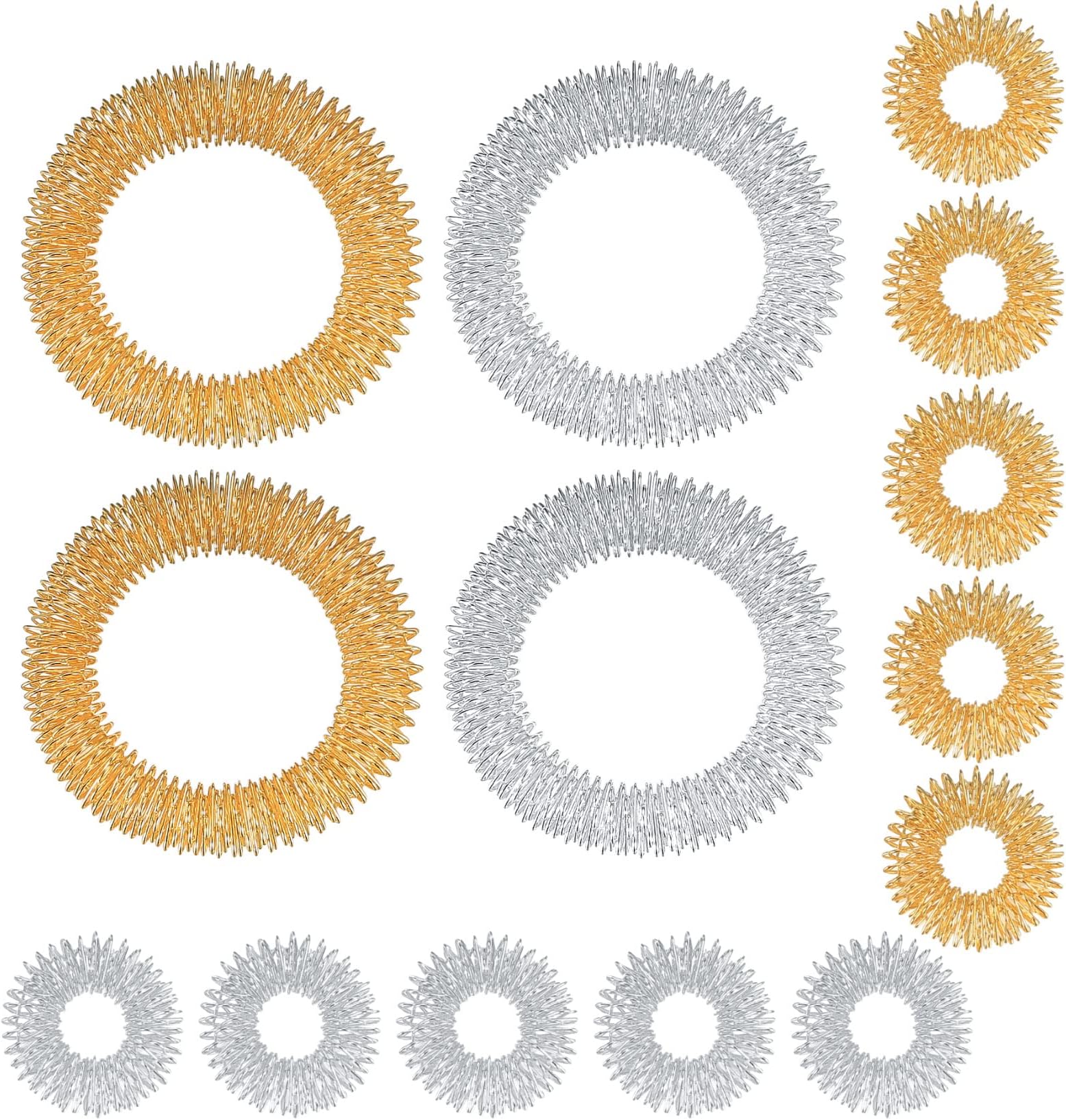 PanBeiQiWEU Massager Set, 14 Pcs Finger Massage Rings & Bracelets, Acupressure Ring Set for Stress Reduction, Finger & Wrist Massager - Gold, Silver