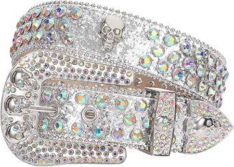 SUOSDEY Rhinestone Skull Belt Men Women Bling Stylish Belt Punk Fashion Studded Leather Belt for Jeans Pants Jacket