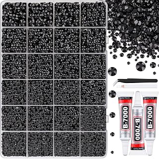 32000Pcs Black Rhinestones for Bedazzling, Flatback Resin Gems Crystal, Bedazzler Kit with 3Pcs 10ml B7000 Jewelry Glue and Tweezers for Makeup Crafting Nail Art