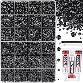 32000Pcs Black Rhinestones for Bedazzling, Flatback Resin Gems Crystal, Bedazzler Kit with 3Pcs 10ml B7000 Jewelry Glue and Tweezers for Makeup Crafting Nail Art